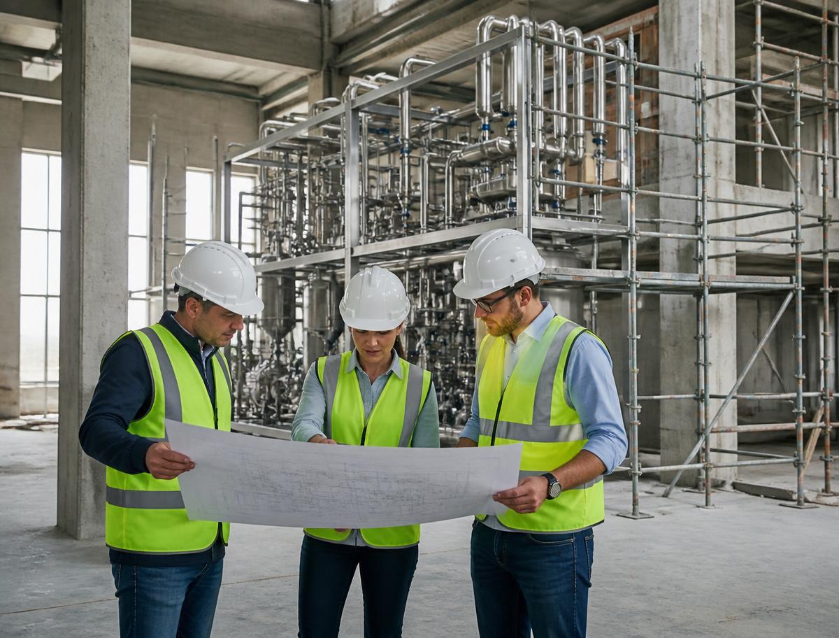 Engineers in hard hats reviewing installation drawings at an industrial project site