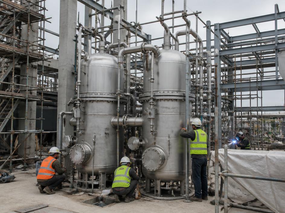 Stainless steel process vessels being installed at a plant construction site
