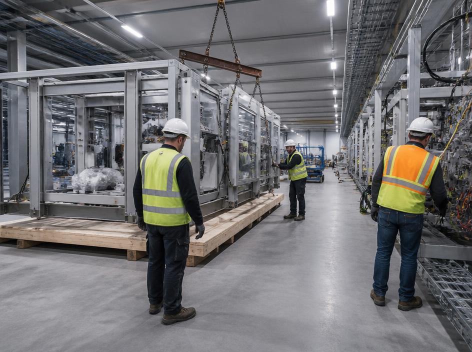 New production line machinery being lifted into place inside a manufacturing plant