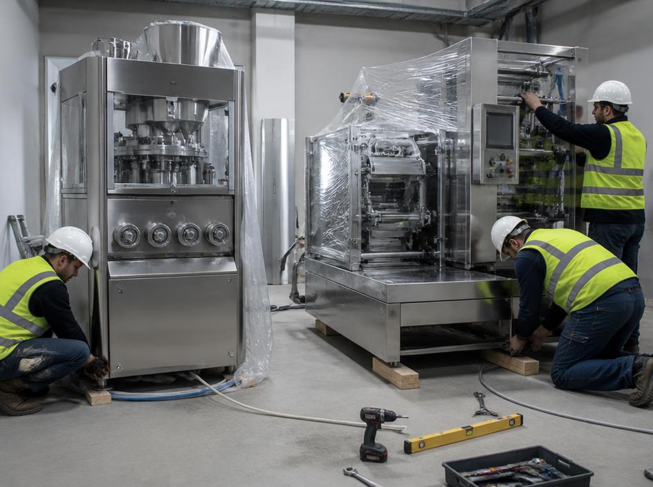 Technicians installing pharmaceutical process and packaging machines
