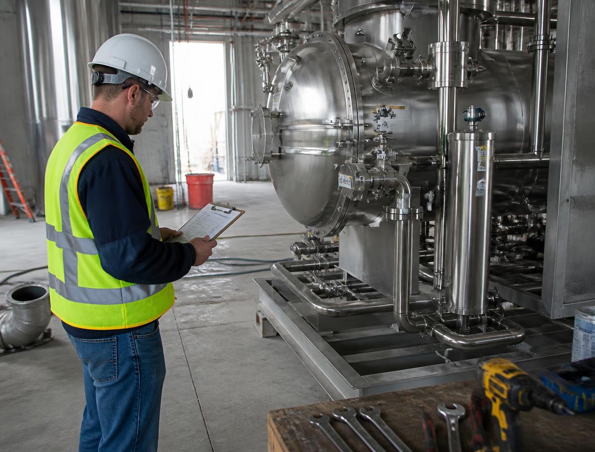 Site engineer in hard hat inspecting newly installed equipment against a checklist